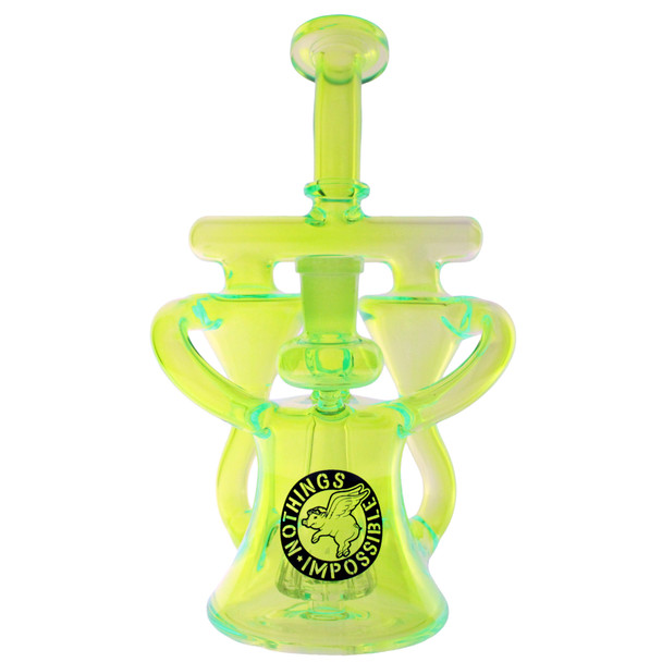 Flying Pig 8.5-inch neon green UV black light reactive double recycler glass water pipe with 14mm male bowl, convertible to a dab rig with a 14mm male quartz banger