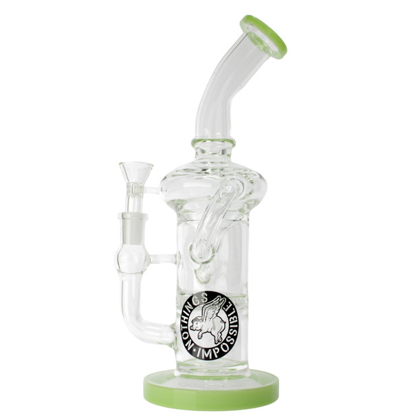 10 inch Nothing's Impossible thick glass recycler bong with honeycomb perc and slime green accents main.