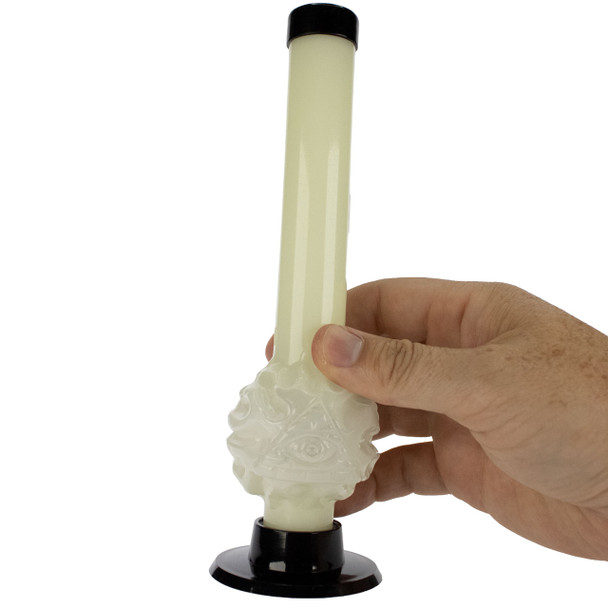 Hand holding the JM Enterprises 8" Illuminati All Seeing Eye Acrylic Bong 
