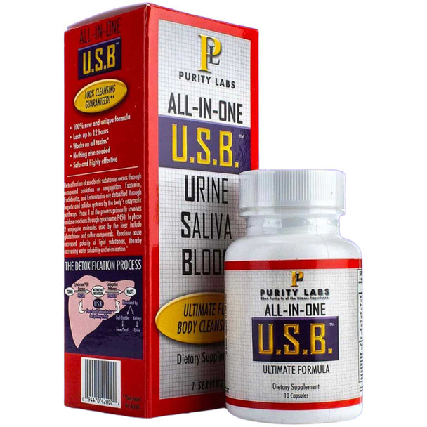 Purity Labs USB Detox Capsules bottle and box – 10-count full-body cleanse for urine, saliva, and blood detox.