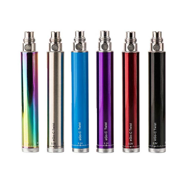 Ego Twist  1000 milli-amp hour battery is variable voltage and comes is the following colors: Rainbow, silver, blue, purple, red, and black.