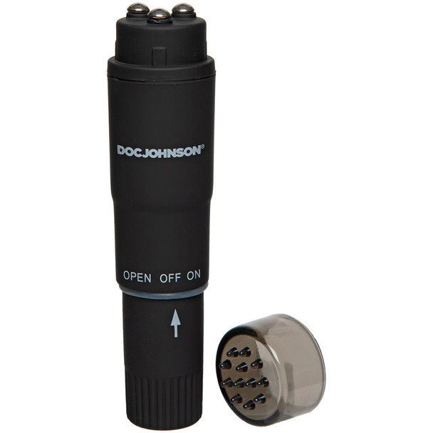 Top piece removed from this vibrator to reveal a second textured head Discreet pleasure toy Affordable Pocket Rocket vibrator