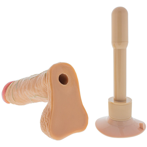 8" Realistic Cock with balls viewed from behind with suction cup vibrator removed.