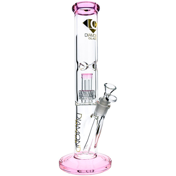 Quarter view of the Diamond Glass Matrix Straight Shot Bong in Pink.