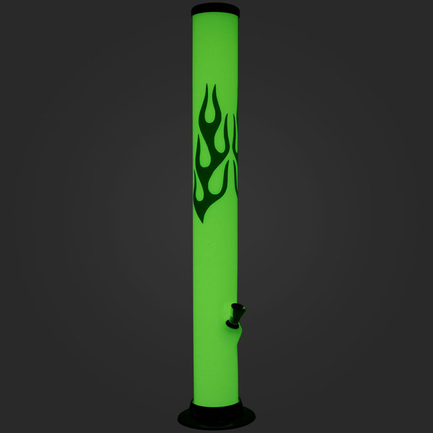 Glowing JM Enterprises 18" Glow-in-the-Dark Acrylic Bong with Flame Decal.