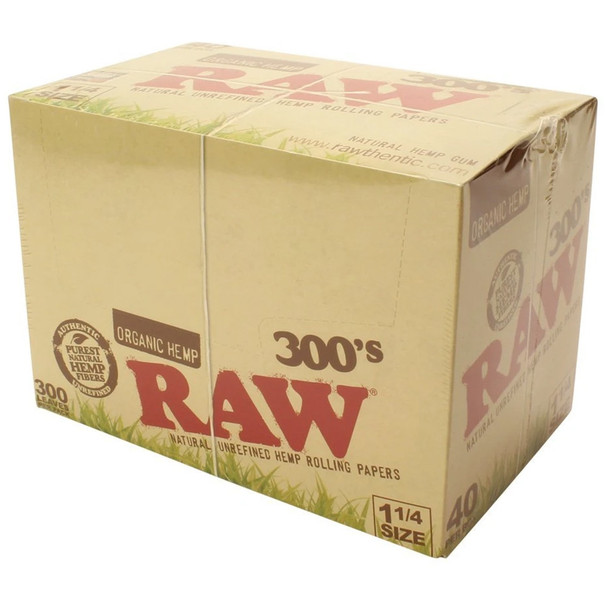 Quarter view of a Raw 300's Organic Hemp display box, closed and sealed.