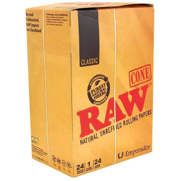 A closed display box of Raw Classic Emperador Pre-Rolled Cones.
