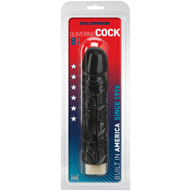 Individually packaged black Quivering Cock vibrating dildo.