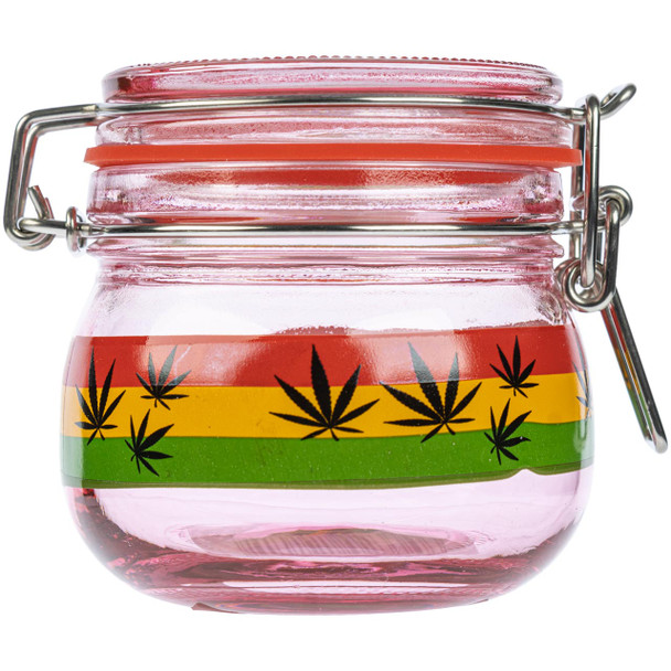 Red glass Dank Tank stash jar with Rasta colored graphic and black marijuana leaves.