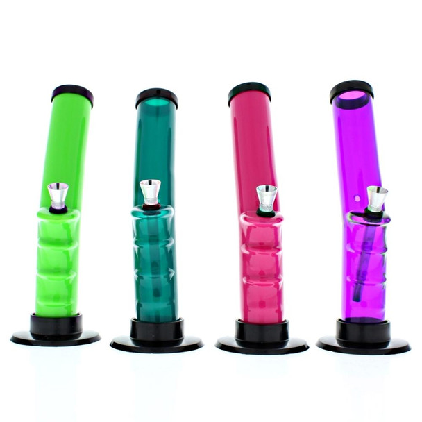 JM Enterprises 10" Skinny Bent Neck Acrylic Bong with Grip in green purple, red and blue. Portable affordable bent neck water bong for sale.