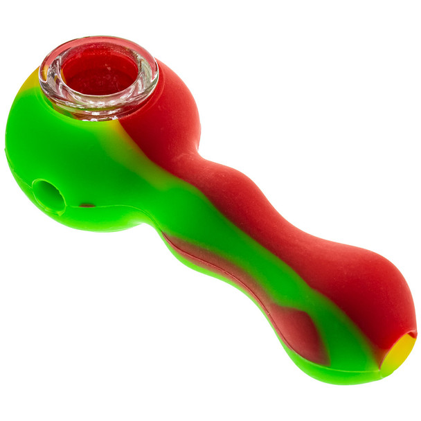Quarter angle of a Rasta Silicone Spoon Hand Pipe from the top, showing the glass insert and carb.