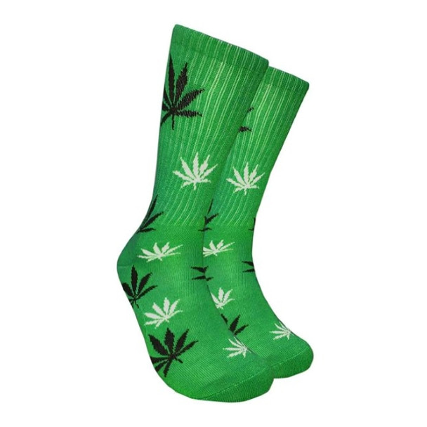 Green Crew Socks with Black and White Marijuna Leaf