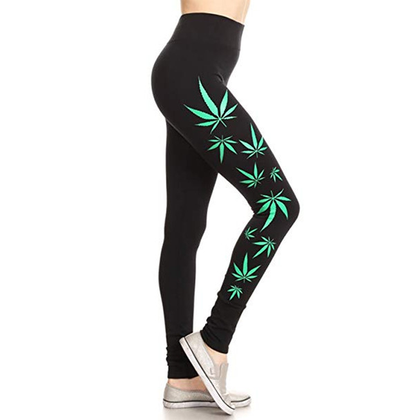 Leaf Leggings Black W/ Green Print