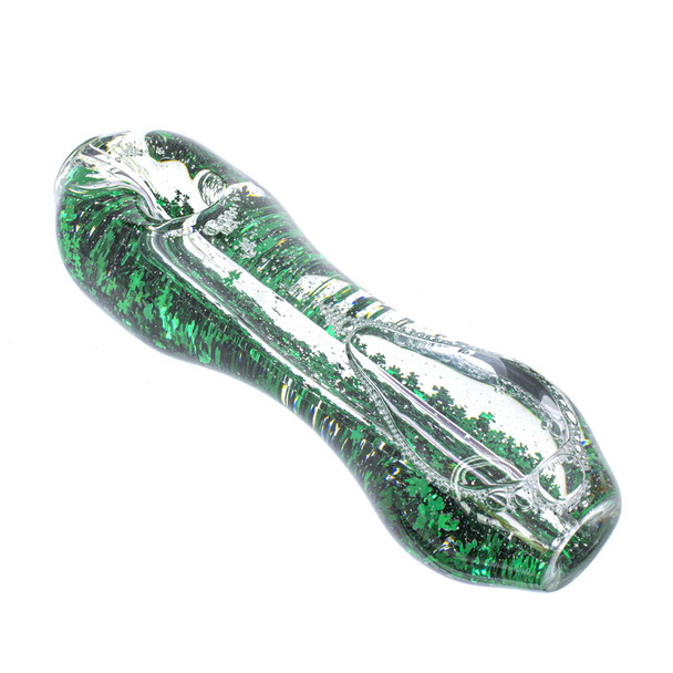Liquid filled freezer handpipe with green shamrock glitter inside.  The perfect hard to buy for gift is here with UV reactive specks and green shamrock clovers inside