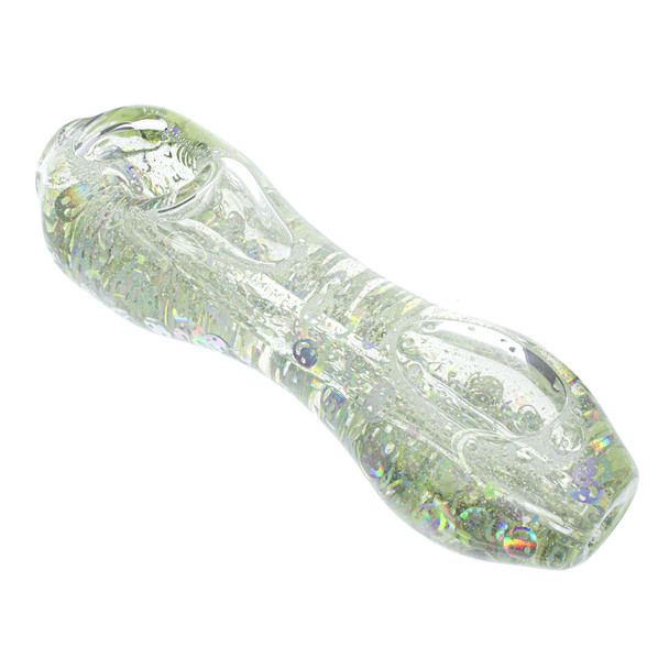 Liquid filled freezer glass handpipe with happy face glitter inside.
