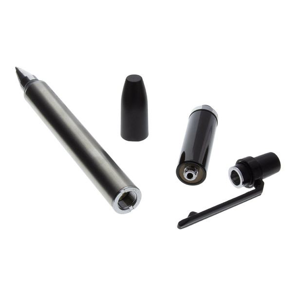Shown here is the pen vape disassembled. From left to right are: the pen-tipped 350mAh battery, the pen cap, 1.0 mL atomizer, and mouthpiece with clip.