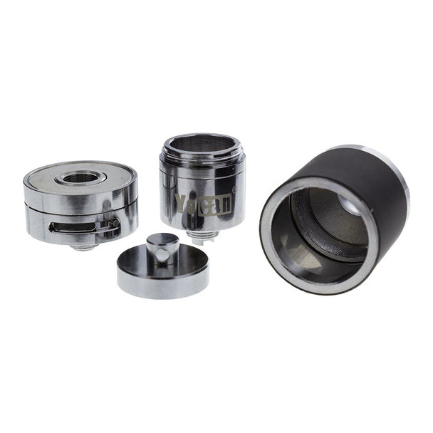 This shows the Atomizer of the Yocan Evolve Plus XL taken apart to all of its pieces. Clockwise from left are: the base & airflow valve, the quad coil chamber (and the device comes with an extra one too), the Atomizer Tube, and the Coil Cap.