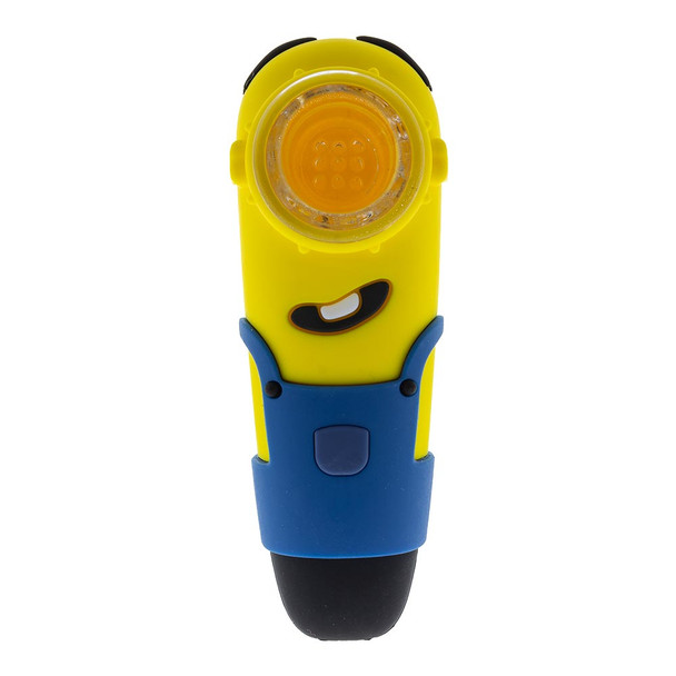 Top view of the Silicone Minion Pipe. The included bowl features a filtered bottom to prevent ash from contaminating the smoke.
