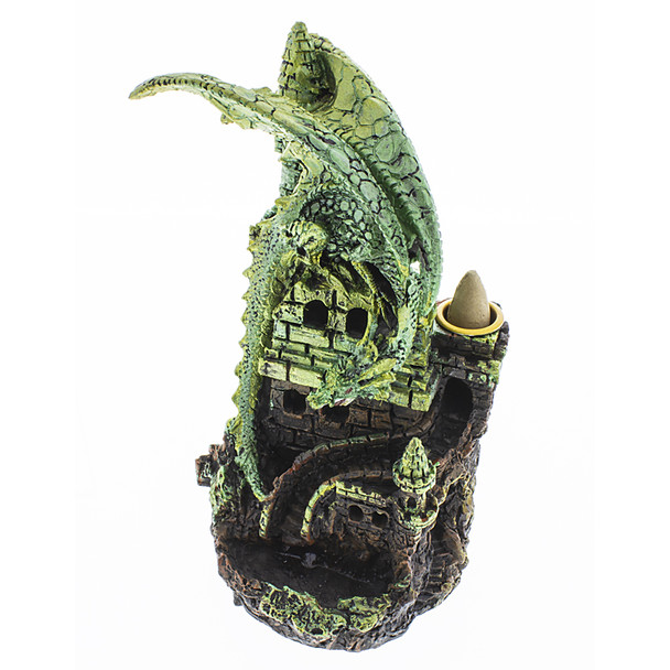 Green dragon guarding a castle backflow incense burner.