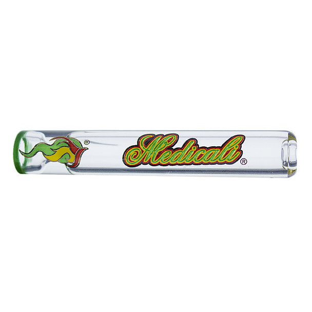 American made Medicali glass chillum with rasta colored logo and deep bowl.