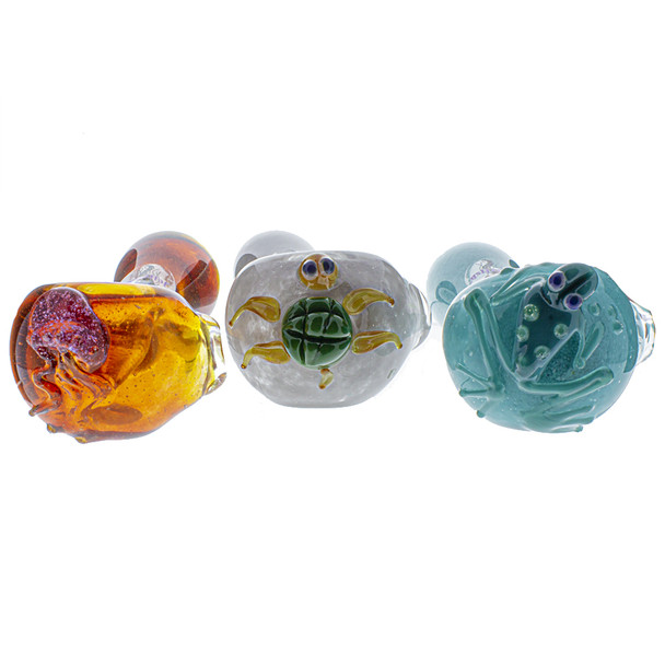 American made Jelly fish glass hand pipe with assorted critter animals like a jellyfish, turtle and frog on the front of the bowl that are UV reactive