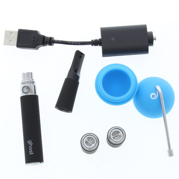 Dr dabber Ghost concentrate vape pen kit with silicone jar, extra coil, charger and dabber.