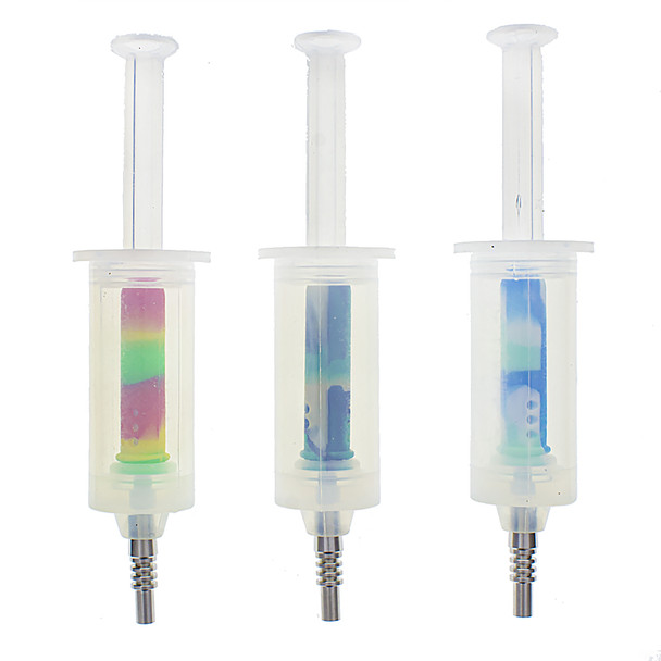 Silicone nectar collector with titanium tip in the shape of a syringe with assorted colors and water perc in the middle