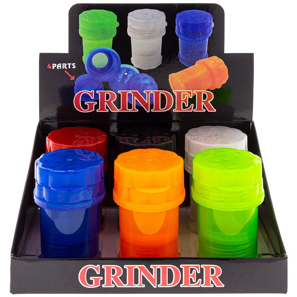 Opened display box containing an assortment of grinder jars.