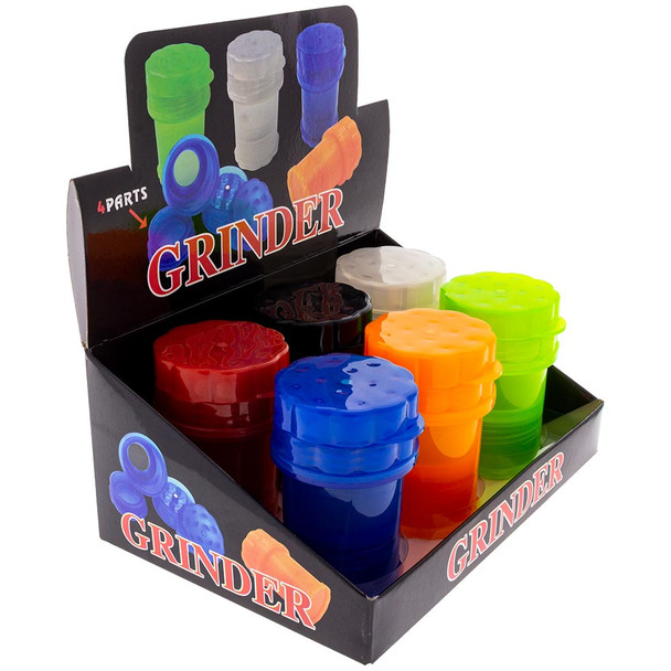 Display box full of Plastic Grinders with Storage, opened and viewed from a quarter angle.