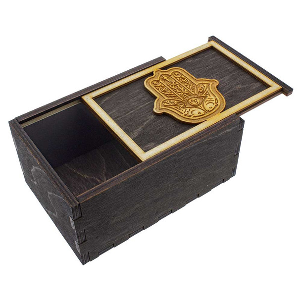Hamsa Hand wooden stash box with top tray slightly ajar.