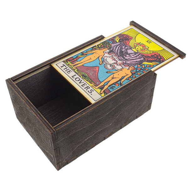 Lovers Tarot wooden stash box with top tray slightly ajar.