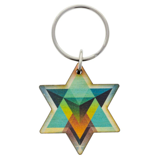 Painted wood Merkaba keychain symbol from the top.