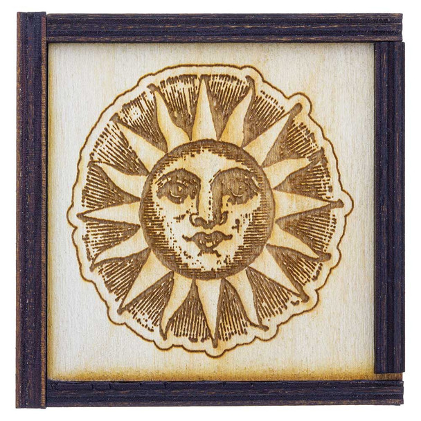 Laser etched Sun on the top of this wooden stash box.