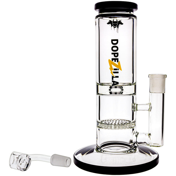 Side view of this 8" Cerberus Rig with quartz banger set aside.