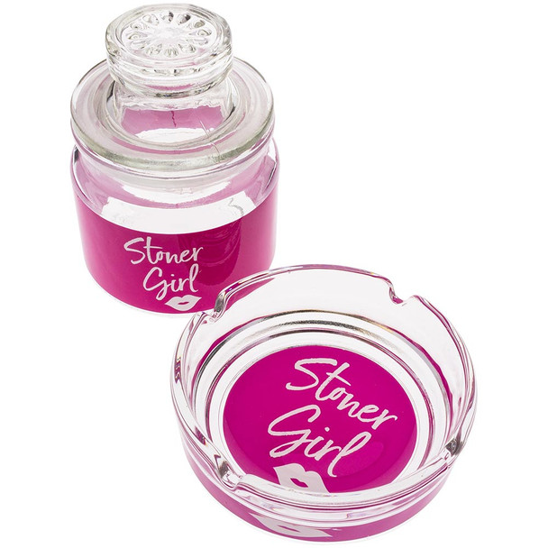 Glass Ashtray & Stash Jar Set with pink Stoner Girl decals.