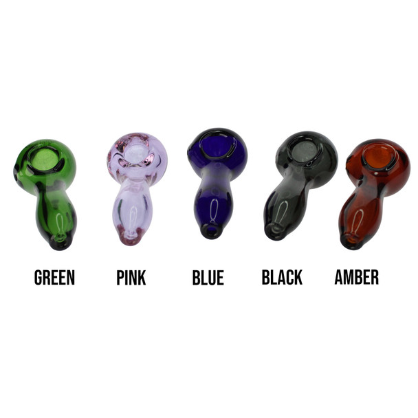 4 inch thick glass Nothing's Impossible spoon pipe with deep bowl and large carb in pink, green, blue, black and amber.