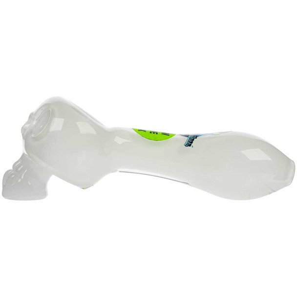Profile view of this Glow in the Dark Voodoo Bonehead Hand Pipe.