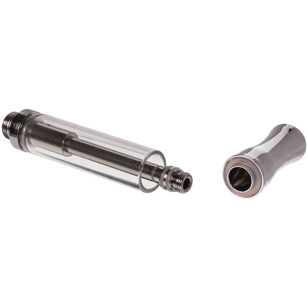 1ml Glass Vape Cartridge disassembled, the top unscrewed and set aside.