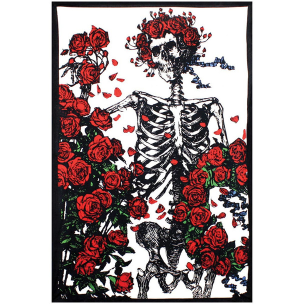 Front view of this Grateful Dead 3d Tapestry featuring Bertha the Skeleton surrounded by roses.