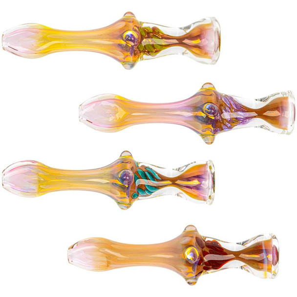 Assorted colored Franticus Glass 4" Fumed Honeycomb Chillums. Top to bottom: Green, Purple, Blue, and Red.