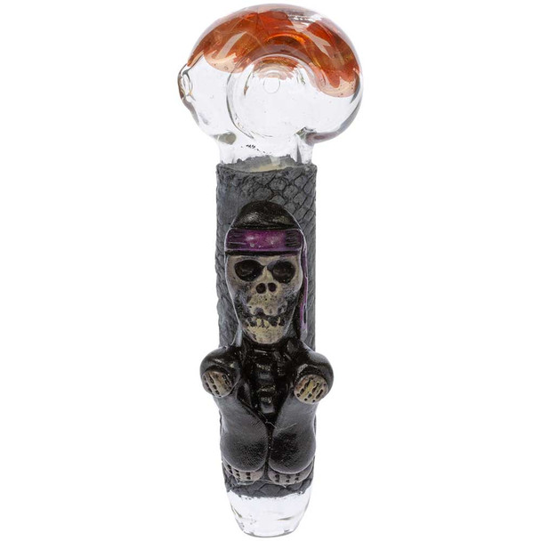 A Skeleton Pirate figurine sculpted onto a glass hand pipe from Peru.