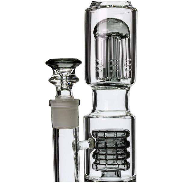 A close view of the Showerhead perc and Tree Perc in this water pipe.