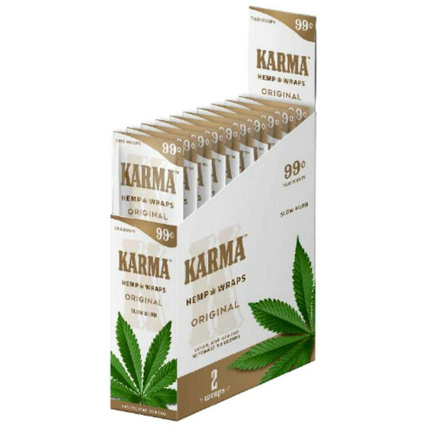 An opened display box containing 25 packets of Original Karma Hemp Wraps.