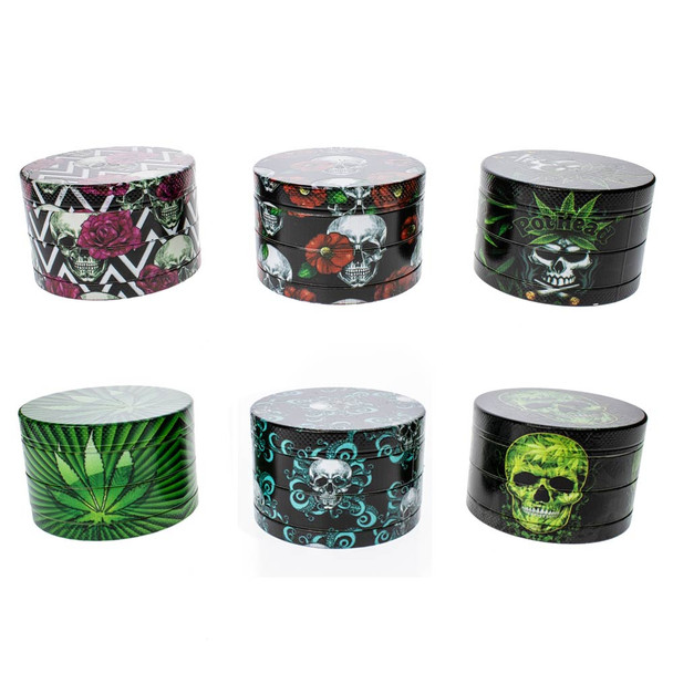 Skull heads, pot leaves, roses and more are all pictured on these 4 part herb grinders.