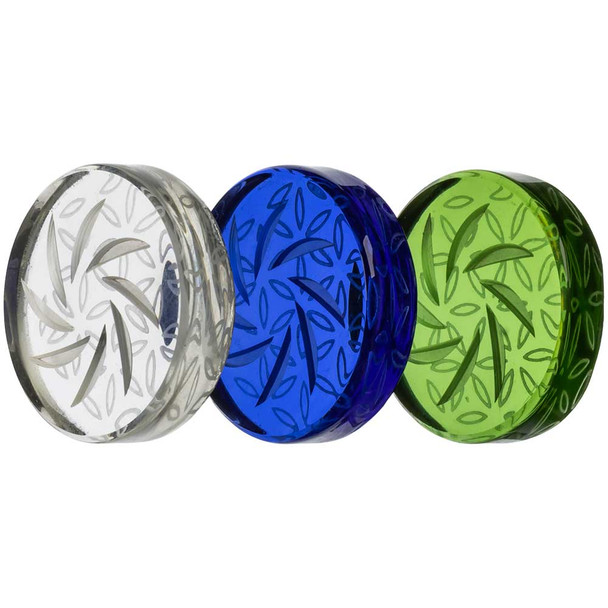 Quartz Coin Spinner Carb Cap in assorted colors. Left to right: Clear, Blue, and Green.