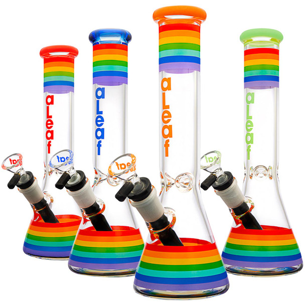 An assortment of colors of these Pride Collection Beaker Bongs. Color is reflected in the mouthpiece and logo.
