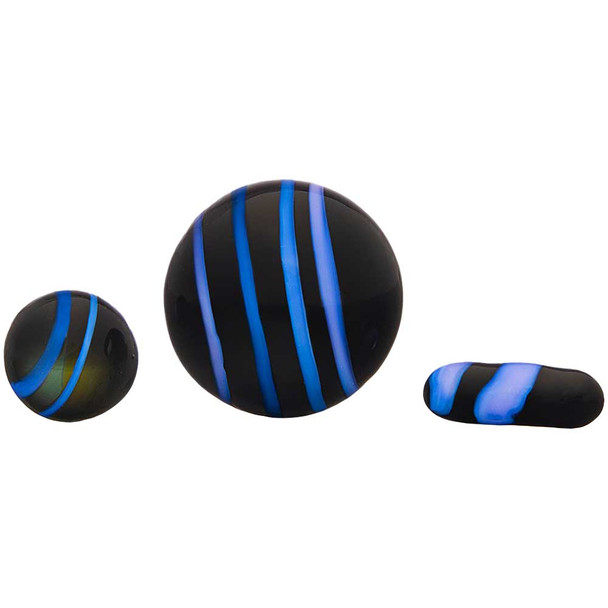 Three pieces of a Black & Blue Terp Pearl set. Left to right: 12mm terp pearl, ball carb cap, pill.