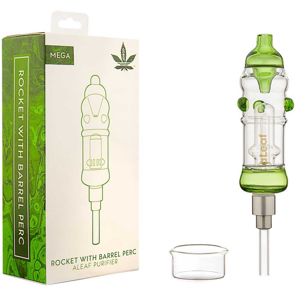 Green Mega Series Rocket Nectar Collector next to its box with all of its accessories.