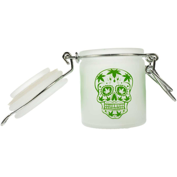Glass Herb 1.5 Ounce Stash Jar with Airtight Clamp Lid - Frosted Sugar Skull, Mini