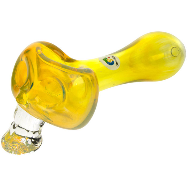 Angled view of the Chameleon Glass de Mexico fumed color-changing Bonehead skull pipe
